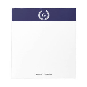 Bloc De Notas Navy Blue Wheat Laurel Wreath Monograma inicial