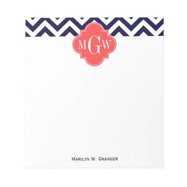 Bloc De Notas Navy Lg Chevron Coral Cuatrefoil 3 Monograma (Frente)