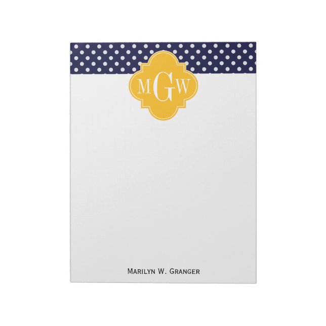 Bloc De Notas Navy Polka Dot Goldenrod Quatrefoil 3 Monograma (Lado Izquierdo)