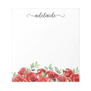 Bloc De Notas Nombre de guión de borde floral de rosas rojas acu