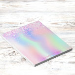 Bloc De Notas Nombre del purpurina holográfico de color rosa mor<br><div class="desc">Fondo holográfico rosa,  morado y verde menta. Decorado con un falso purpurina rosa. Personaliza y agrega tu nombre.</div>