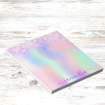 Bloc De Notas Nombre del purpurina holográfico de color rosa mor<br><div class="desc">Fondo holográfico rosa,  morado y verde menta. Decorado con un falso purpurina rosa. El nombre está escrito con un guión moderno de estilo con letras a mano con toques. Para que los cambios sólo eliminen el nombre del ejemplo,  deje los espacios o la emoji delante y después del nombre.</div>