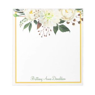 Bloc De Notas Nombre floral color dorado blanco personalizado