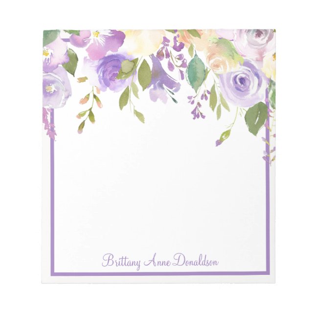 Bloc De Notas Nombre floral de acuarela morada personalizable (Frente)