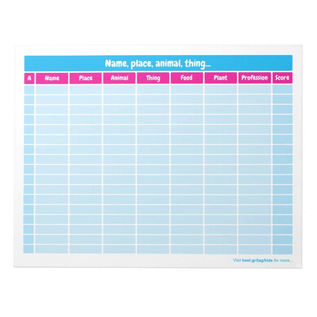 Bloc De Notas Nombre, Lugar, Animal, Juego de Palabras (Frente)