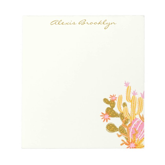 Bloc De Notas Nombre personalizado del Cactus verde rosa moderno (Frente)