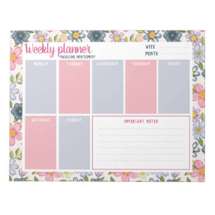 Bloc De Notas Nombre personalizado Pastel Floral Weekly Planner