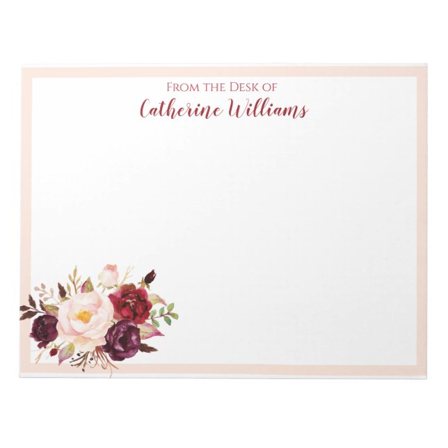 Bloc De Notas Nombre personalizado Rubor Flores rosa Stationery  (Frente)