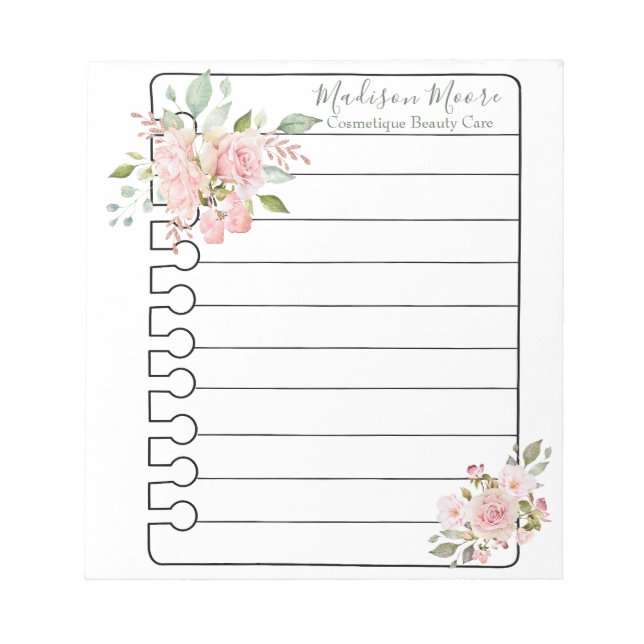 Bloc De Notas Nombre Rosas florales personalizados Botánicos (Frente)