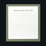 Bloc De Notas Nombre tipográfico simple de oliva blanca en línea<br><div class="desc">Un cuaderno profesional de diseño minimalista en una paleta de color verde oliva y blanco. Personalizado monograma inicial y nombre sobre un sencillo fondo blanco, enmarcado por un borde de oliva. Personalice el uso de los campos proporcionados o utilice el botón "mensaje" para ponerse en contacto con el diseñador para...</div>
