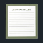 Bloc De Notas Nombre tipográfico simple de oliva blanca en línea<br><div class="desc">Un cuaderno profesional de diseño minimalista en una paleta de color verde oliva y blanco. Personalizado monograma inicial y nombre sobre un sencillo fondo blanco, enmarcado por un borde de oliva. Personalice el uso de los campos proporcionados o utilice el botón "mensaje" para ponerse en contacto con el diseñador para...</div>