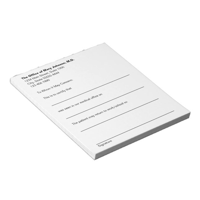 Bloc De Notas Nota de Excusa de Oficina Médica para Paciente (Lado Derecho)