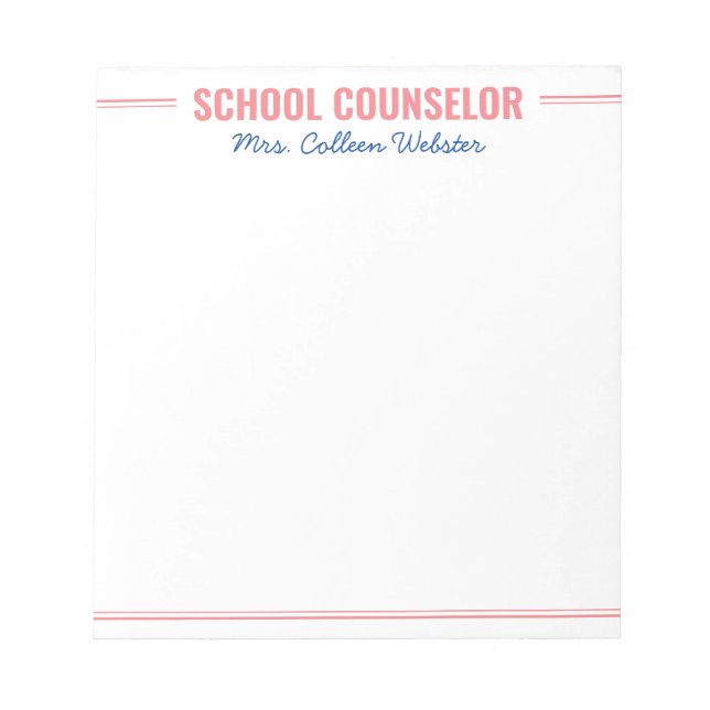 Bloc De Notas Nota De Guión Simple Rosa Del Consejero Escolar (Frente)