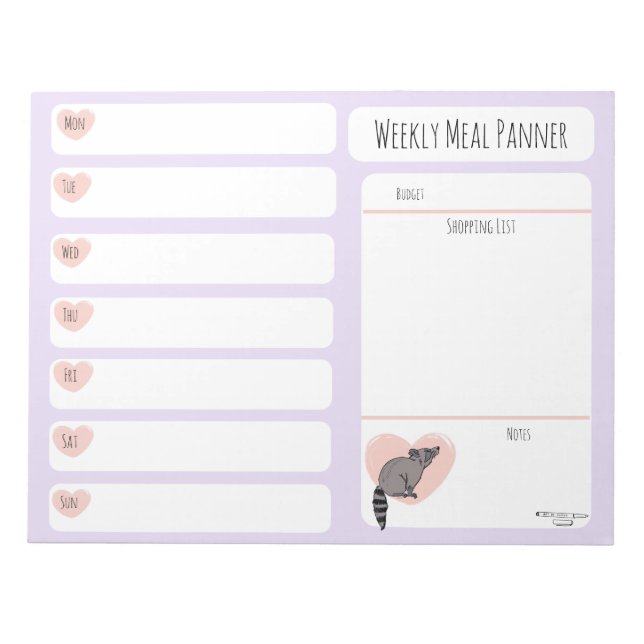 Bloc De Notas Nota del planificador de comidas semanales Raccoon (Frente)