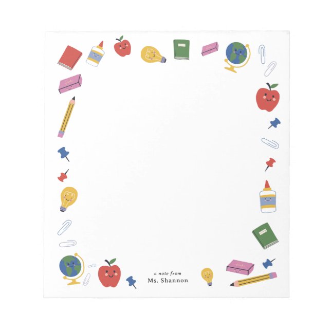 Bloc De Notas Nota del profesor sobre el material escolar feliz (Frente)