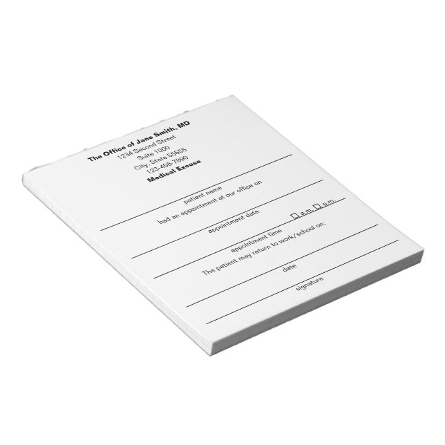Bloc De Notas Nota Médica de Excusa para Paciente Blanco (Lado Derecho)