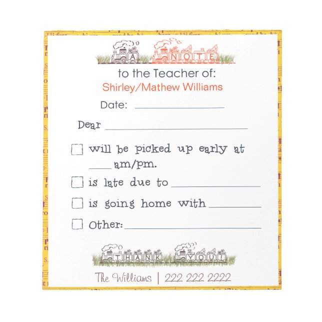 Bloc De Notas Nota para el Notepad del Profesor (Frente)