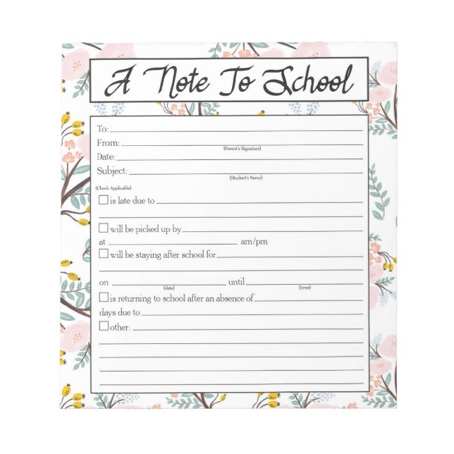 Bloc De Notas Nota para el profesor Notepad, ausente escolar (Frente)
