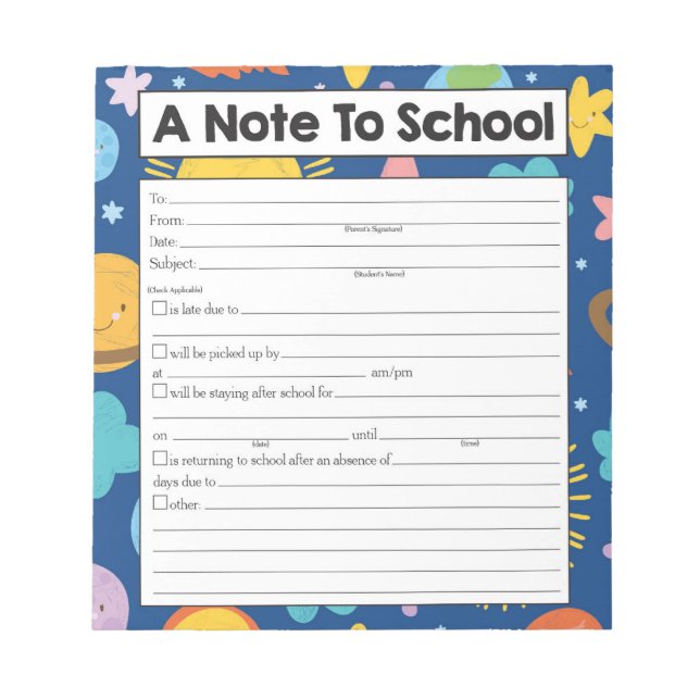 Bloc De Notas Nota para el profesor Notepad, ausente escolar (Frente)