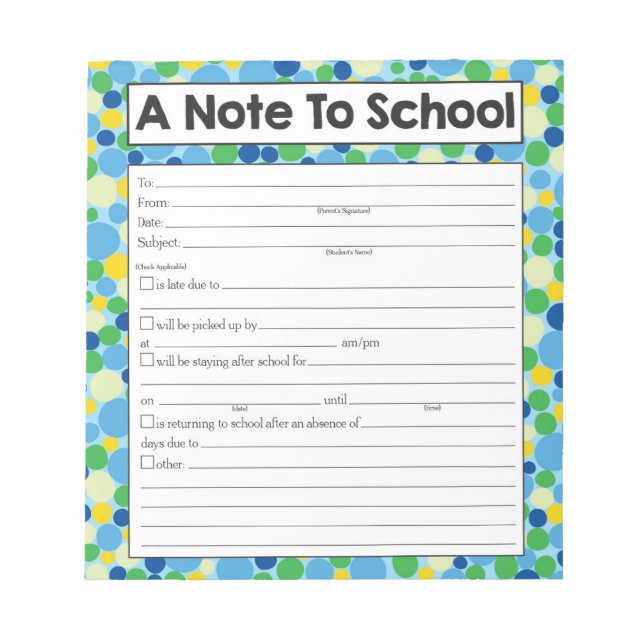 Bloc De Notas Nota para el profesor Notepad, ausente escolar (Frente)
