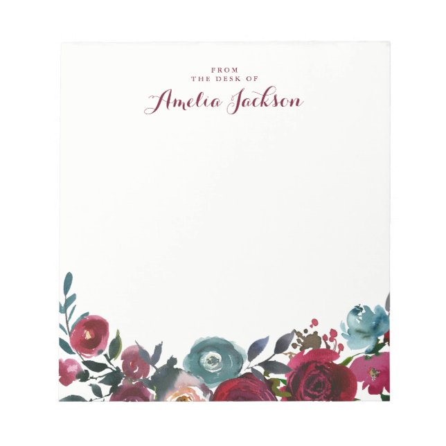 Bloc De Notas Nota personalizada Blue Burgundy Floral Stationery (Frente)