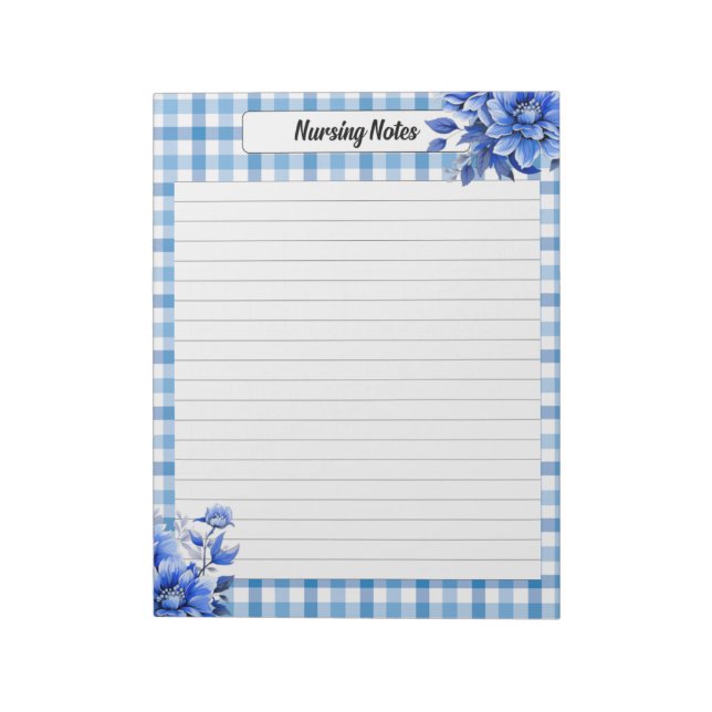 Bloc De Notas Notas de la Enfermería Blue Floral Gingham_ (Lado Izquierdo)
