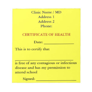 Bloc De Notas Notepad de certificado de salud (amarillo canario)
