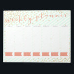 Bloc De Notas Notepad de Planificador Semanal<br><div class="desc">Este bloc de notas semanal del planificador cuenta con un fondo a rayas de menta,  "dorado" confetti,  con caligrafía y banderas onduladas en cada día de la semana para escribir en la fecha!</div>