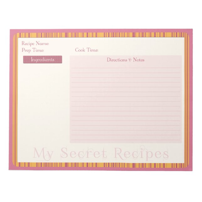 Bloc De Notas Notepad de receta con franja rosa y amarilla cálid (Frente)