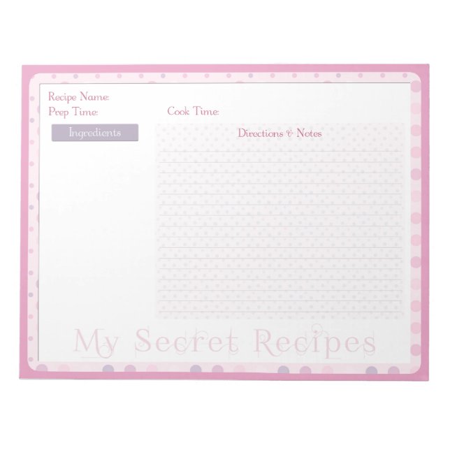 Bloc De Notas Notepad de receta con puntos rosados dulces (Frente)