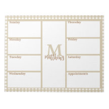 Notepad del plan semanal Neutral Beige Gingham Pla