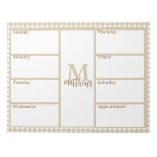 Bloc De Notas Notepad del plan semanal Neutral Beige Gingham Pla