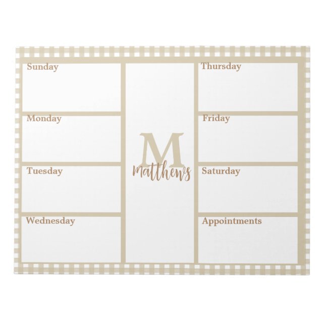 Bloc De Notas Notepad del plan semanal Neutral Beige Gingham Pla (Frente)