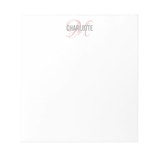 Bloc De Notas Notepad elegante blanco con nombre en monograma (Frente)
