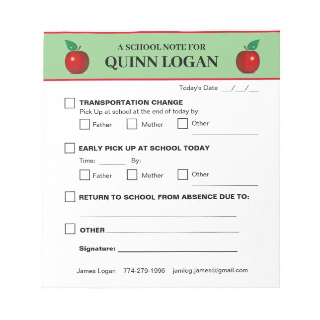 Bloc De Notas Notepad escolar para Quinn Logan (Frente)