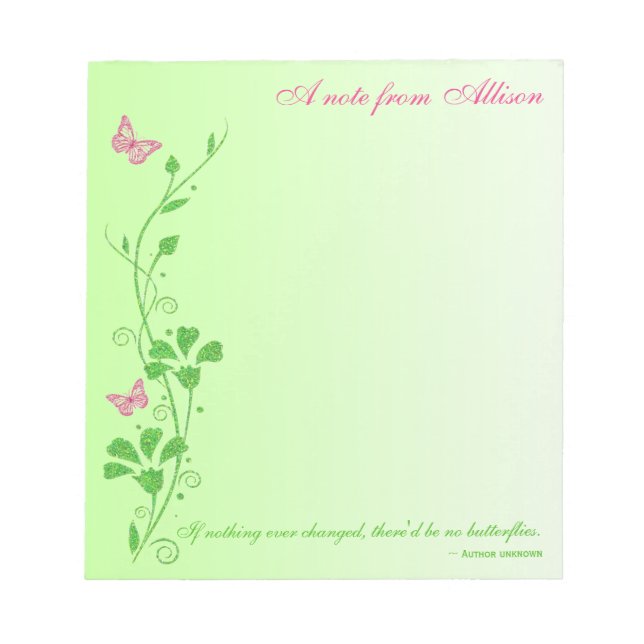 Bloc De Notas Notepad floral de mariposa rosa y verde (Frente)