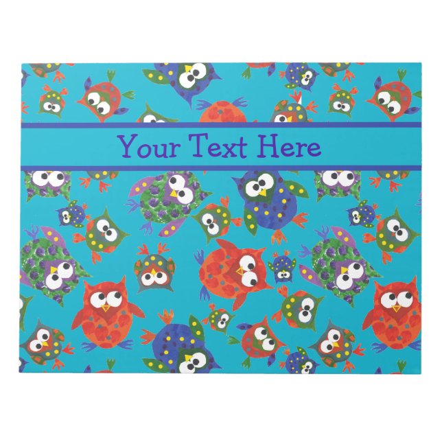 Bloc De Notas Notepad o Jotter de búhos pequeños, rojos, azules, (Frente)
