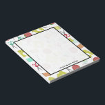 Bloc De Notas Notepad temática de mascado retro<br><div class="desc">Un cuaderno de diseño con temática de coser,  compuesto por una máquina de coser,  roscas de hilo,  un cojín de alfiler,  tijeras,  manchas de tela y agujas de coser. El diseño está decorado en tonos rojos,  amarillos,  naranjas,  azules y turquesas.</div>