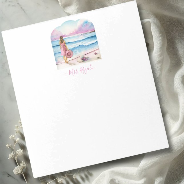 Bloc De Notas Notepads Personalizados Cuidados Regalos de Statio (custom notepad features watercolor woman on the beach in shades of pink & blue Victoria Grigaliunas)