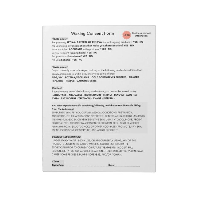 Bloc De Notas *Nuevo* Consentimiento de waxing del salón de bell (Lado Izquierdo)