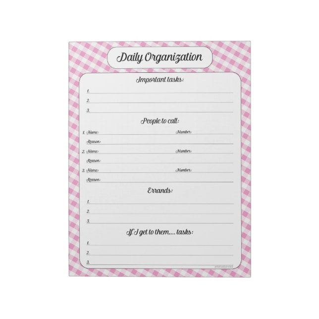 Bloc De Notas Organización diaria - Notepad de Gingham Rosa (Lado Izquierdo)
