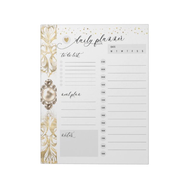 Bloc De Notas Ornate Elegance | Gold Pearl Jewel Daily Planner (Lado Izquierdo)
