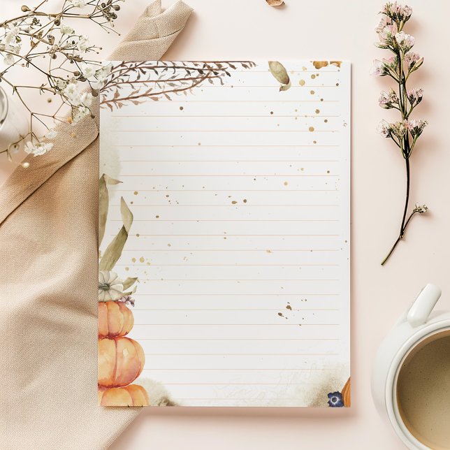 Bloc De Notas Otoño / Caída con calabazas y hojas alineadas (Elegant gold botanical lined notepad with minimalist design and modern charm.)