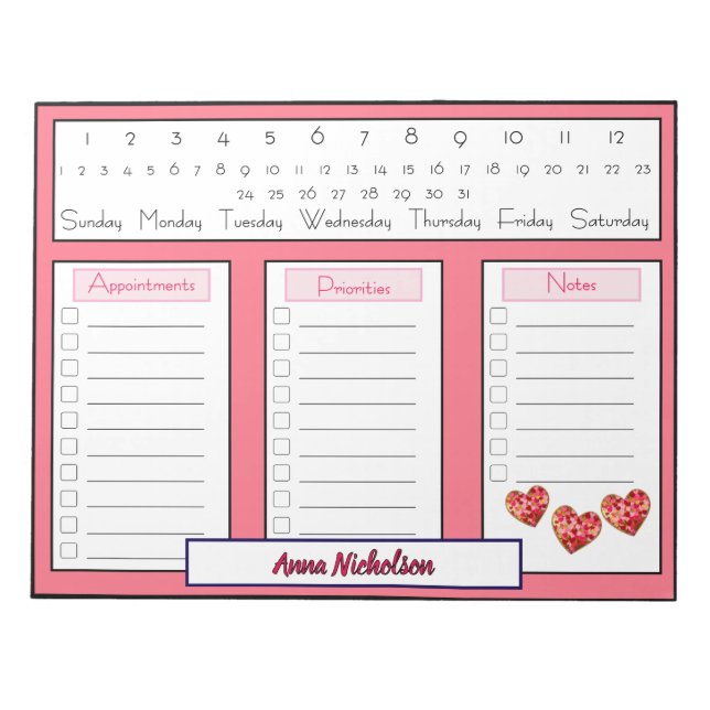Bloc De Notas Página Modern Hearts Daily To Do Appointner Planne (Frente)