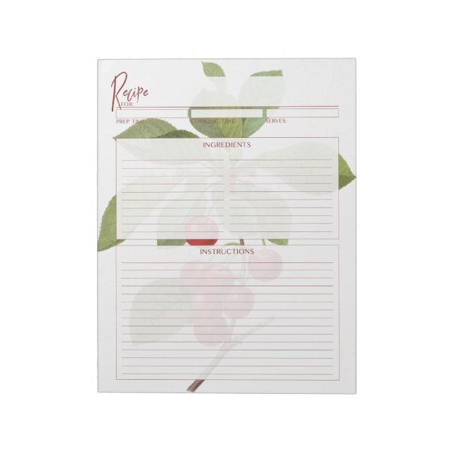 Bloc De Notas Páginas botánicas de recetas de cerezo rojo (Lado Izquierdo)