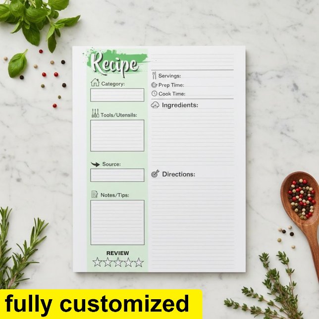 Bloc De Notas Páginas de Recetas Básicas de Chefs Personalizados (Personalized recipe pages notepad)