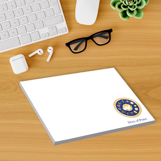 Bloc De Notas Paloma de paz 8.5"x11" (Dove of Peace 8.5"x11", 40-page Notepad featuring mandala of gold icons of world faiths.)