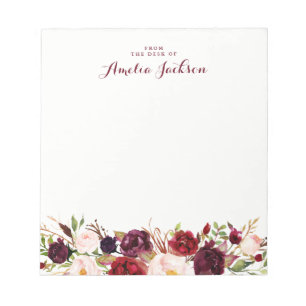 Bloc De Notas Papel de carta social floral rojo de Borgoña perso