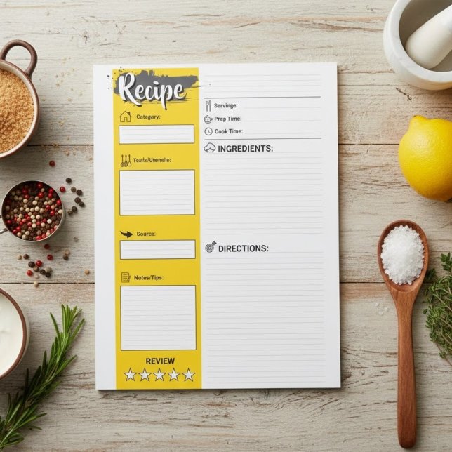 Bloc De Notas Papel para Cocina de Tamaño Completo | Páginas de  (Personalized basic recipe pages, printable  cook papers)