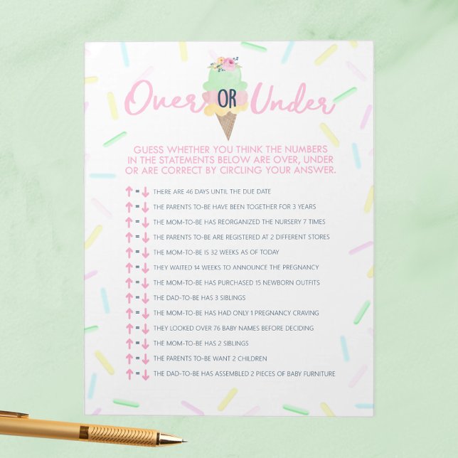 Bloc De Notas Paquete de juego de agua para salpicar helados (Over or Under Ice Cream Scooped Up Bridal Shower Game Pack of 40 Answer Sheets)